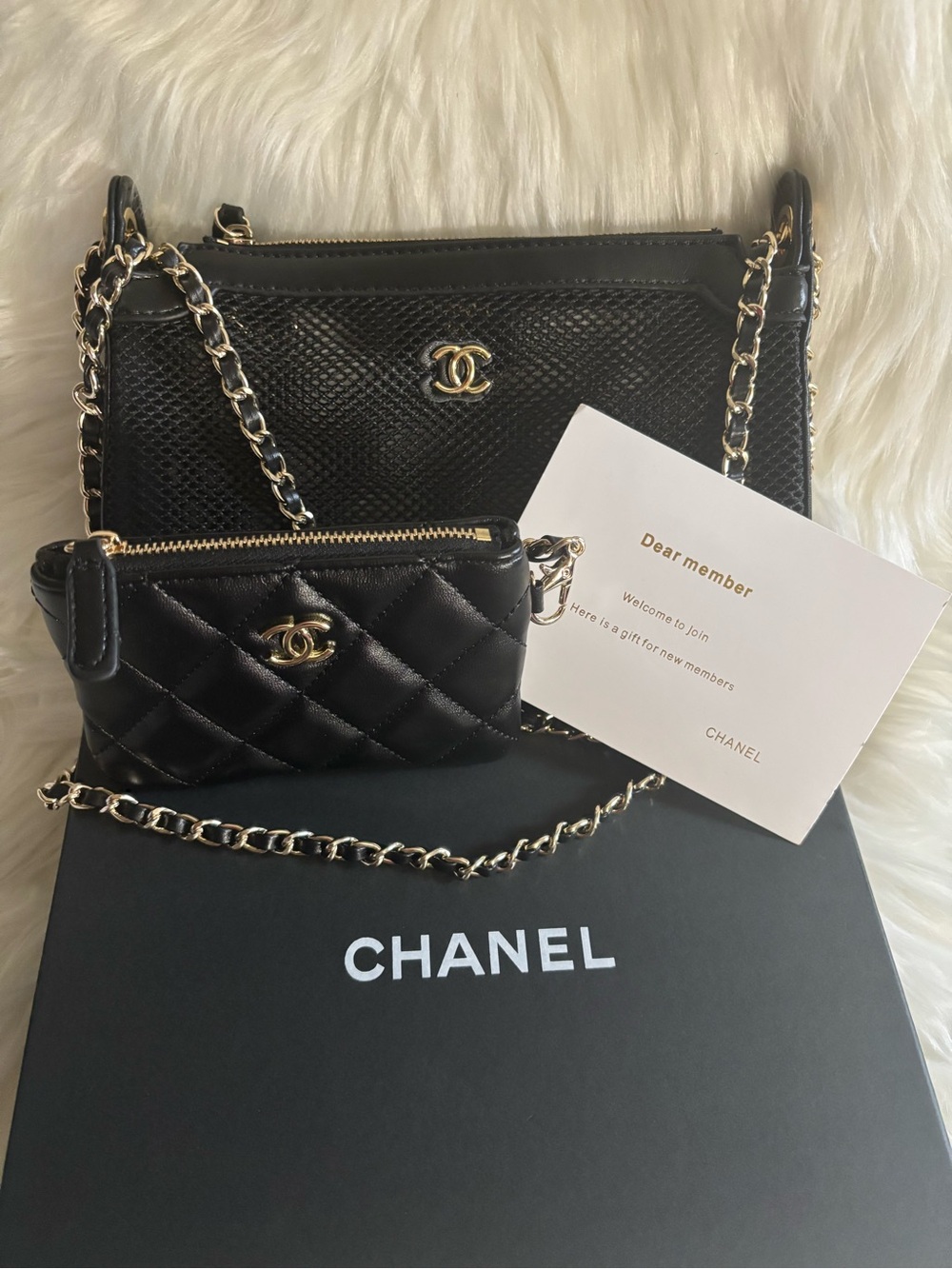 Black Mesh Shoulder Bag with Quilted Mini Pouch/2pc set